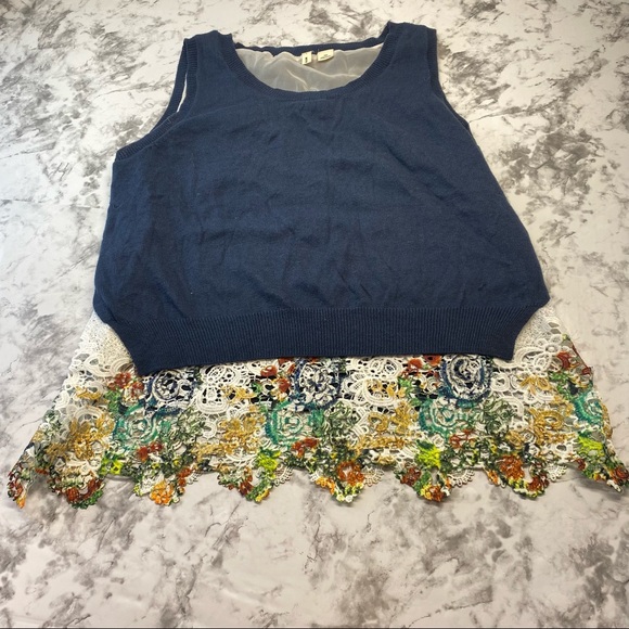 Anthropologie MOTH Navy Blue Sleeveless sweater attached MultiColor Lace Small - Picture 12 of 17